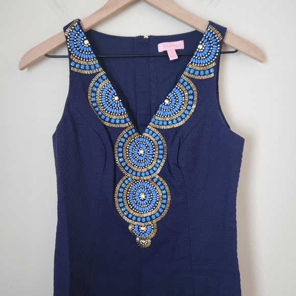 Lilly Pulitzer | Gabby 100% Cotton Beaded Shift Dress True Navy Blue - Size 0 - Picture 4 of 12